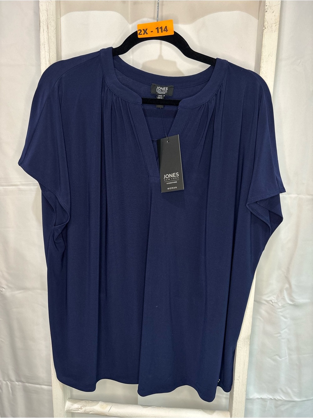 Jones New York Navy Short-Sleeve Pleated Y-Neck Blouse